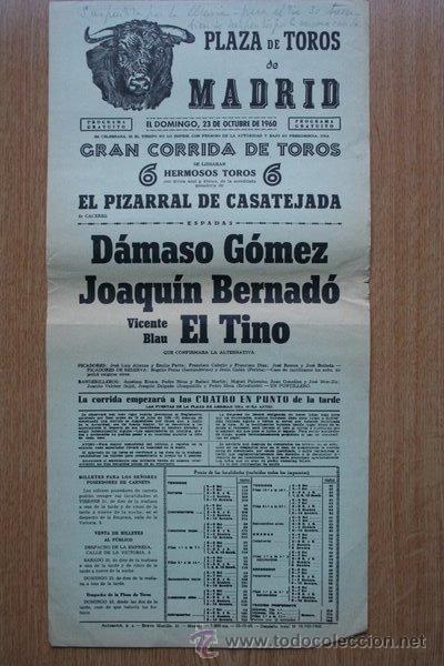 Carteles Toros: Cartel de toros de Madrid. 1960.