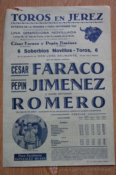Carteles toros: Cartel de toros de Jerez. 1954. - Foto 1