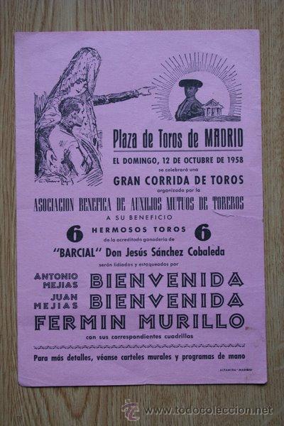 Carteles toros: Program de toros de mano de Madrid. 1958. Auxilios Mutos de Toreros. - Foto 1