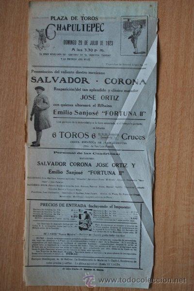 Carteles Toros: Cartel de toros de M&eacute;xico. Chapultepec. 1923.