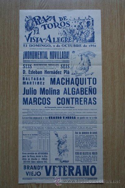 Cartazes Touros: Cartel de toros de Vista-Alegre. Madrid.1 de octubre de 1961. Machaquito, Algabelo, Marcos Contreras