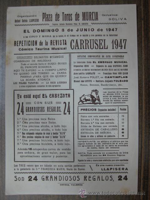 Carteles toros: CARTEL DE TOROS - MURCIA - 8 DE JUNIO DE 1947 - Foto 2