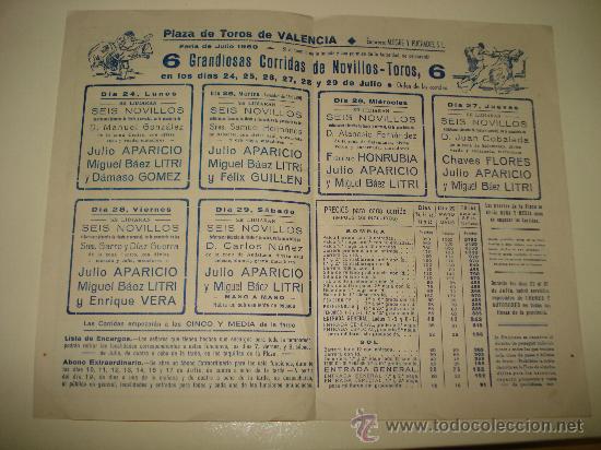 Carteles toros: Gran Programa Feria de Julio de 1950 en la Plaza de Toros de Valencia . - Foto 2