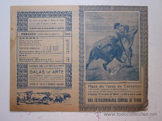 Carteles toros: PROGRAMA DE TOROS - CASTELLON - 11 DE JUNIO DE 1944 - Foto 1