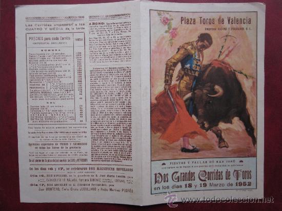 Carteles toros: PROGRAMA DE TOROS - VALENCIA - MARZO DE 1952 - ILUSTRADOR: J. REUS - Foto 1