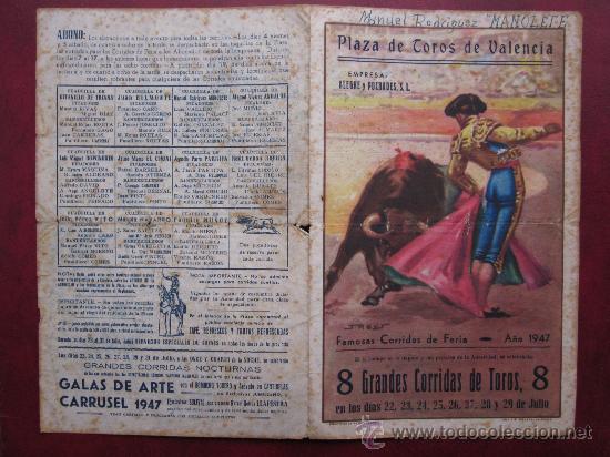 Carteles toros: PROGRAMA DE TOROS - VALENCIA - JULIO DE 1947 - ILUSTRADOR: J. REUS - Foto 1