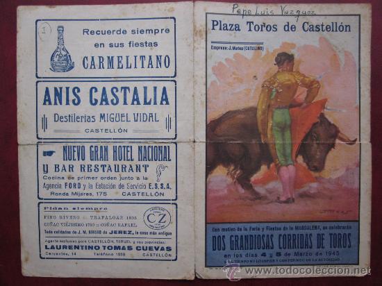 Carteles toros: PROGRAMA DE TOROS - CASTELLON - MARZO DE 1945 - ILUSTRADOR: J. REUS - Foto 1