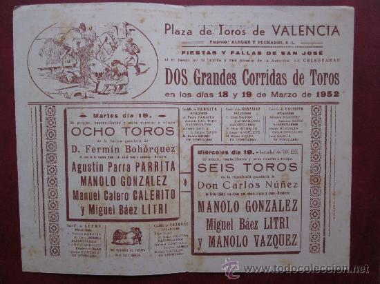 Carteles toros: PROGRAMA DE TOROS - VALENCIA - MARZO DE 1952 - ILUSTRADOR: J. REUS - Foto 2