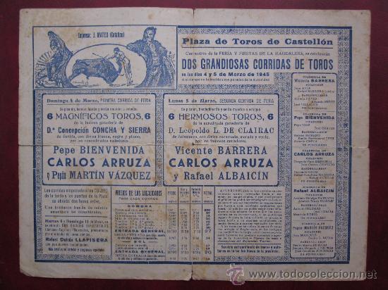 Carteles toros: PROGRAMA DE TOROS - CASTELLON - MARZO DE 1945 - ILUSTRADOR: J. REUS - Foto 2