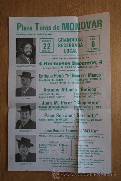 Carteles toros: Cartel de toros de Mon&oacute;var. 1984. - Foto 1