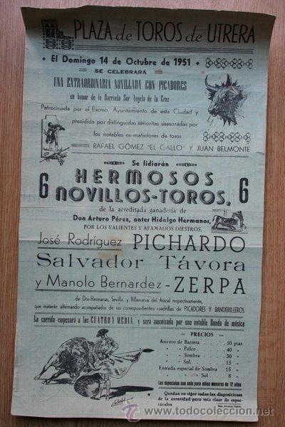 Carteles toros: Cartel de toros de Utrera. 1951. - Foto 1