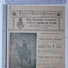 Carteles Toros: CARTEL TOROS VALENCIA - JULIO DE 1916 - ARTES GRAFICAS, VALENCIA