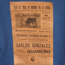 Carteles Toros: CARTEL PLAZA DE TOROS DE BODONAL DE LA SIERRA - SEPTIEMBRE 1962 - GUAREÑO Y CARLOS GONZALEZ - 21X43. Lote 46241890