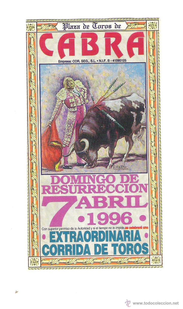 Carteles toros: CARTEL DE TOROS PROGRAMA DE MANO CABRA 1996 - Foto 1
