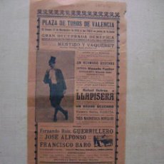 Carteles Toros: PLAZA DE TOROS DE VALENCIA.BECERRADA BENEFICA Y LLAPISERA.12 DE NOVIEMBRE DE 1914.T-204. Lote 47351019