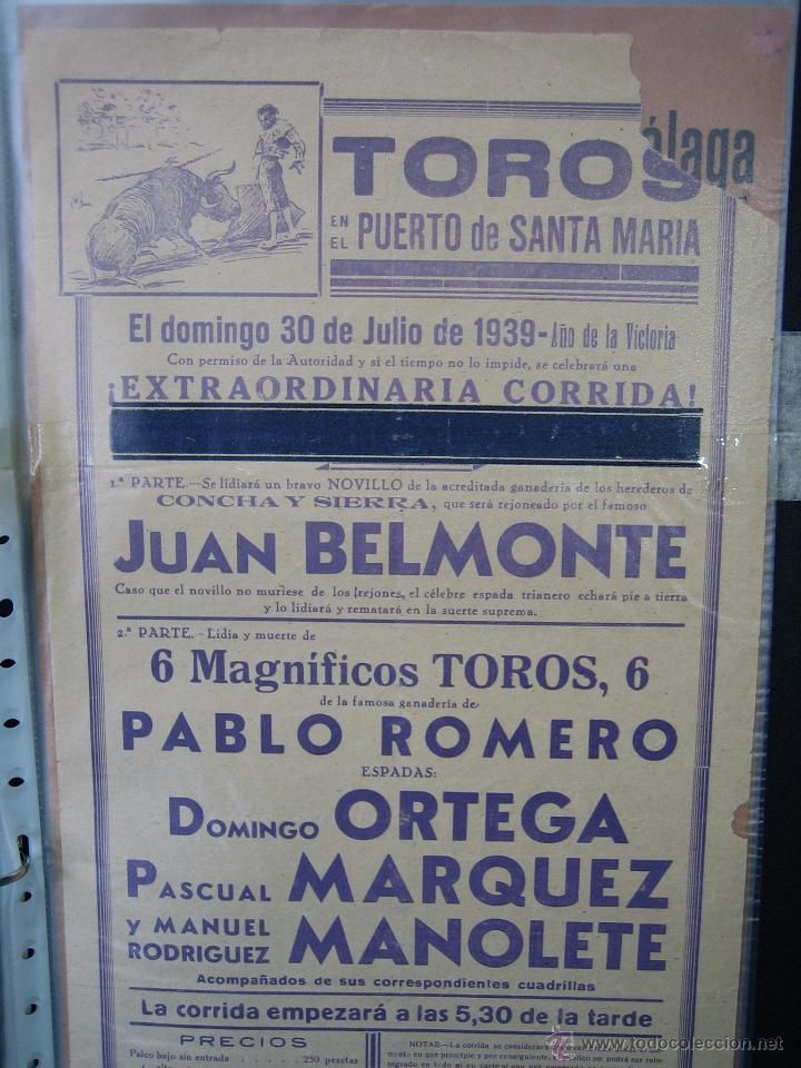 Carteles Toros: Cartel plaza de toros de Puerto Santamaría ( Cádiz) 1939. Medidas 21x43,5 cm. Manolete - Foto 3 - 49847032