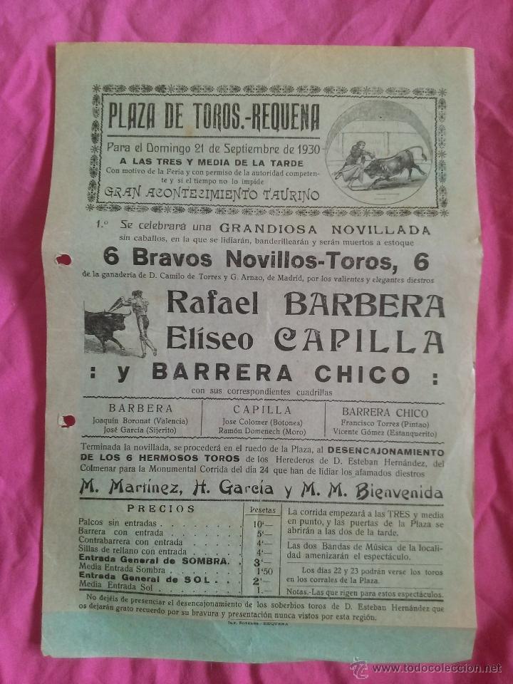 Carteles toros: Requena (Valencia). Cartel de toros. 1930 - Foto 1