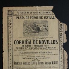 Carteles Toros: CARTEL DE TOROS DE SEVILLA. 14 DE OCTUBRE DE 1890. FRANCISCO GONZÁLEZ FAICO Y ENRIQUE VARGAS MINUTO.. Lote 53278436