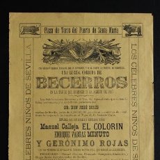 Carteles Toros: CARTEL DE TOROS DEL PUERTO DE SANTA MARÍA. 22 DE AGOSTO DE 1886. EL COLORÍN, MINUTO Y GERÓNIMO ROJAS