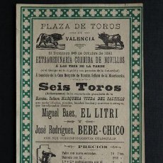 Carteles Toros: CARTEL DE TOROS DE VALENCIA. 16 DE OCTUBRE DE 1892. MISERICORDIA. EL LITRI Y BEBE-CHICO.
