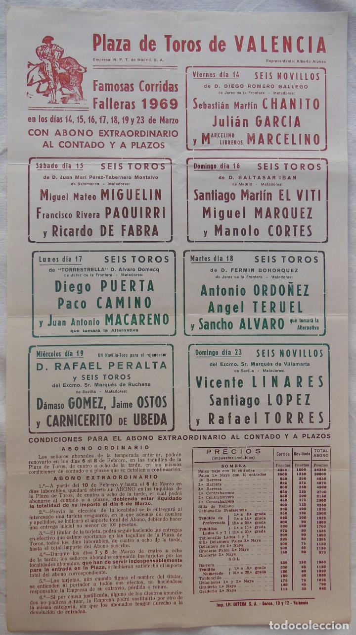 Carteles toros: PLAZA DE TOROS DE VALENCIA. CORRIDAS FALLERAS 1969 - Foto 1