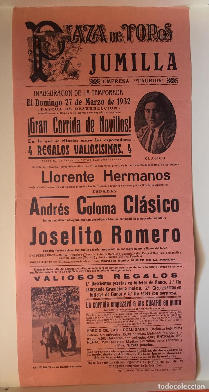 Carteles toros: CARTEL DE TOROS- JUMILLA 1.932 - Foto 1