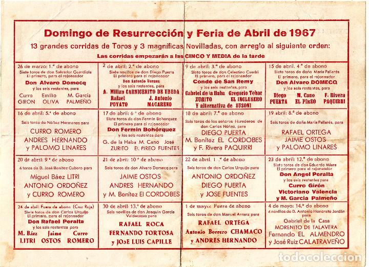 Carteles toros: PROGRAMA DE MANO DE TOROS EN SEVILLA FERIA DE ABRIL 1967 - Foto 1