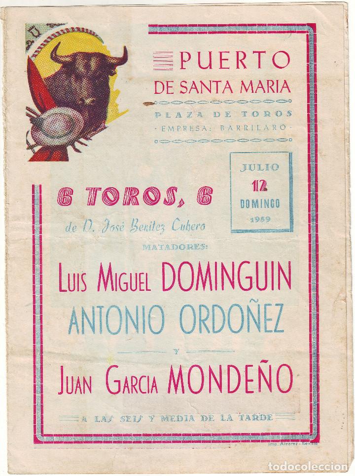 Carteles toros: PROGRAMA DE MANO TOROS EN EL PUERTO DE SANTA MARIA EN 1959 - Foto 1
