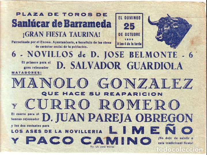 Carteles toros: PROGRAMA DE MANO TOROS EN SANL&Uacute;CAR DE BARRAMEDA 1959 - Foto 1
