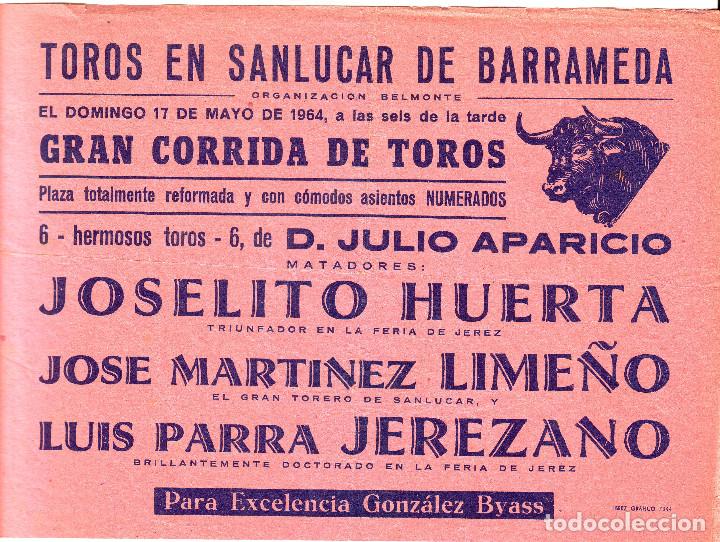 Carteles toros: PROGRAMA DE MANO TOROS EN SANL&Uacute;CAR DE BARRAMEDA 1964 - Foto 1