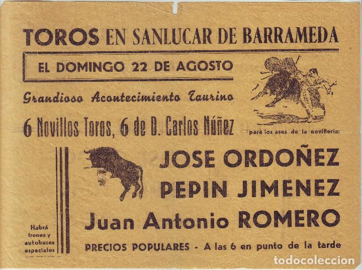 Carteles toros: PROGRAMA DE MANO CORRIDA EN SANL&Uacute;CAR DE BARRAMEDA - Foto 1