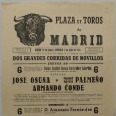 Carteles Toros: CARTEL PLAZA DE TOROS DE MADRID , 1961 - JOSE OSUNA - PALMEÑO - ARMANDO CONDE. Lote 176203902