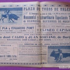 Carteles Toros: CARTEL TOROS, PLAZA VALENCIA, 1928, JOSE PLA Y EDUARDO FORT, ELISEO CAPILLA, CT164