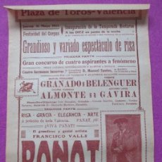 Carteles Toros: CARTEL TOROS, PLAZA VALENCIA, 1923, ESPECTACULO RISA, GRANADO, BELENGUER, ALMONTE, GAVIRA, CT186