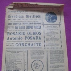 Carteles Toros: CARTEL TOROS, PLAZA VALENCIA, 1922, ROSARIO OLMOS, ANTONIO POSADAS Y CORCHAITO, CT211
