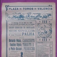 Carteles Toros: CARTEL TOROS, PLAZA VALENCIA, 1920, CARNICERITO, TORQUITO II, PEDRUCHO, CT219