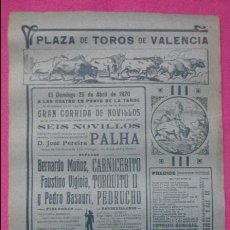 Carteles Toros: CARTEL TOROS, PLAZA VALENCIA, 1920, CARNICERITO, TORQUITO II, PEDRUCHO, CT220