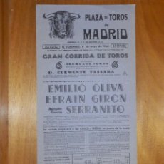 Carteles Toros: CARTEL TOROS - PLAZA DE TOROS MADRID - 1 DE MAYO 1966 - 43,5 X 20,5 CM - EMILIO OLIVA, EFRAIN GIRÓN