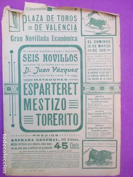 Carteles Toros: CARTEL TOROS, PLAZA VALENCIA, 1910, ESPARTERET, MESTIZO Y TORERITO, CT275