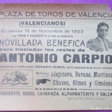 Carteles Toros: CARTEL TOROS, PLAZA VALENCIA, 1922, NOVILLADA BENEFICA, ANTONIO CARPIO, CT140B