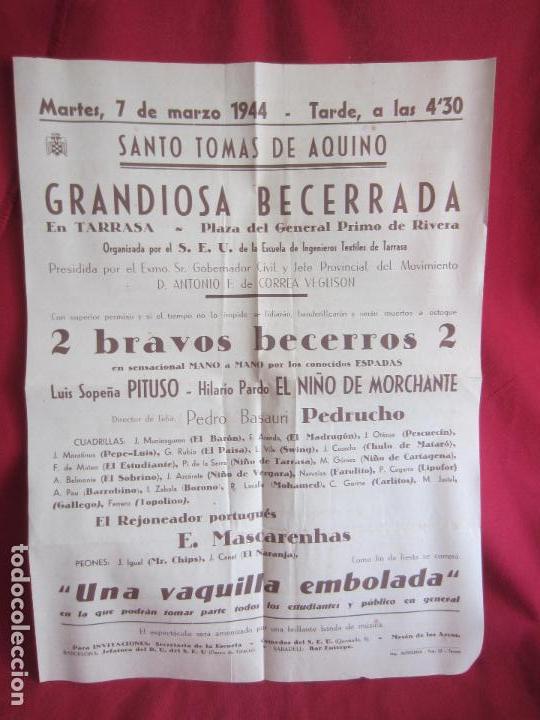 Carteles toros: GRANDIOSA BECERRADA- TERRASA - 1944 - Foto 1