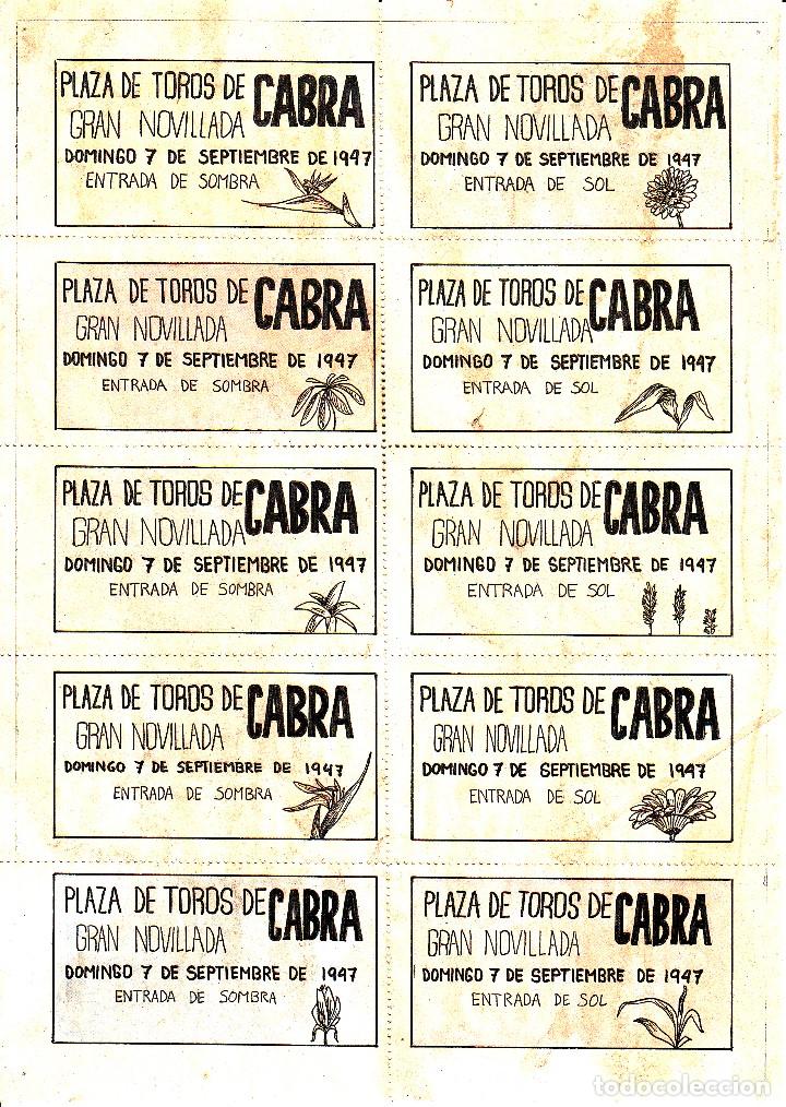 Carteles Toros: PLAZA DE TOROS DE CABRA 1947 / REVERSO 10 ENTRADAS DE SOL Y SOMBRA - Foto 2 - 137417174