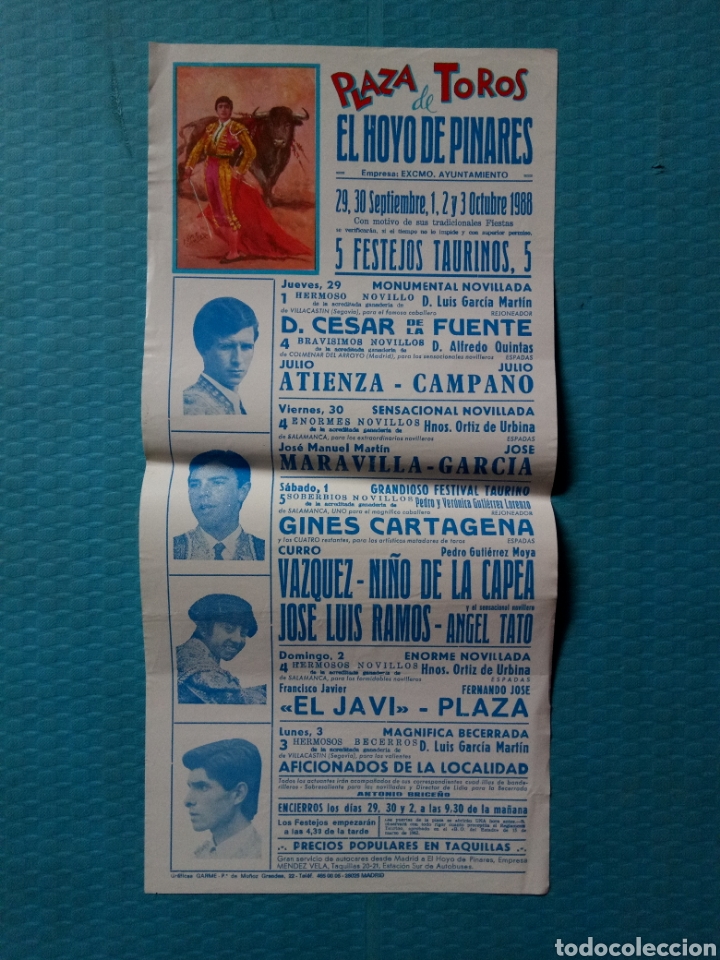 Carteles toros: CARTEL DE TOROS A&Ntilde;O 1988 PLAZA DE TOROS De HOYO DE PINARES 43x20.5 CMS