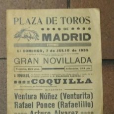 Carteles Toros: NOVILLADA, PLAZA DE TOROS DE MADRID 1935 COQUILLA. VENTURA NÚNEZ, RAFAEL PONCE, ARTURO ALVAREZ.. Lote 166869460
