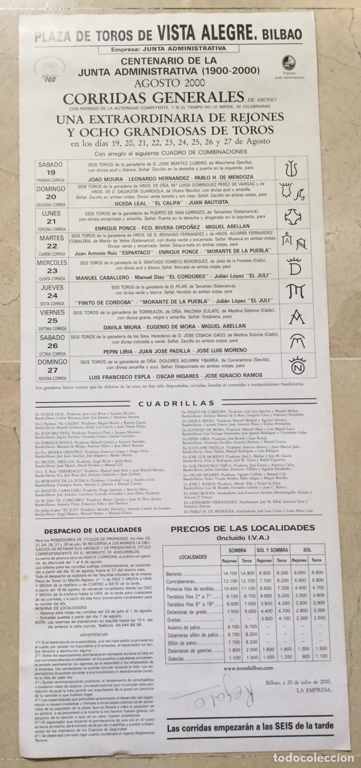 Carteles toros: CARTEL DE LAS CORRIDAS GENERALES DE BILBAO 2000 - Foto 2