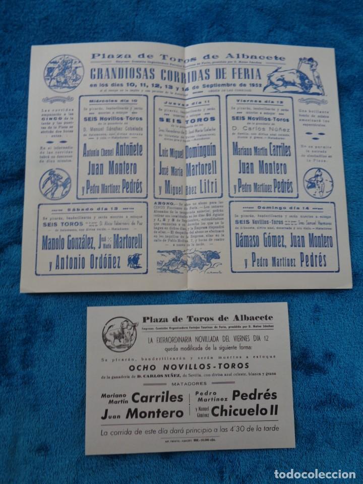 Carteles toros: PROGRAMA TOROS DE LA PLAZA DE TOROS DE ALBACETE DE 1952 con los cambios - Foto 2