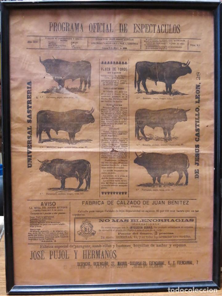 Carteles toros: CARTEL DE TOROS - PROGRAMA OFICIAL DE ESPECT&Aacute;CULOS - MADRID, 1899 - Foto 1