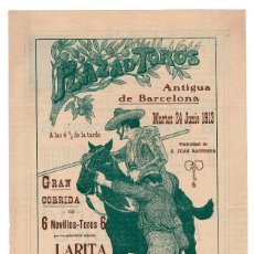 Carteles Toros: CARTEL PLAZA DE TOROS DE BARCELONA 1913. LARITA, VERNIA, ALFARERO, PABLO ROMERO.. Lote 385149879