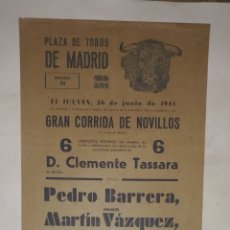Carteles Toros: CARTEL MADRID 1941 DESPEDIDA DE NOVILLEROS PEDRO BARRERA Y MARTÍN VÁZQUEZ. Lote 226790750