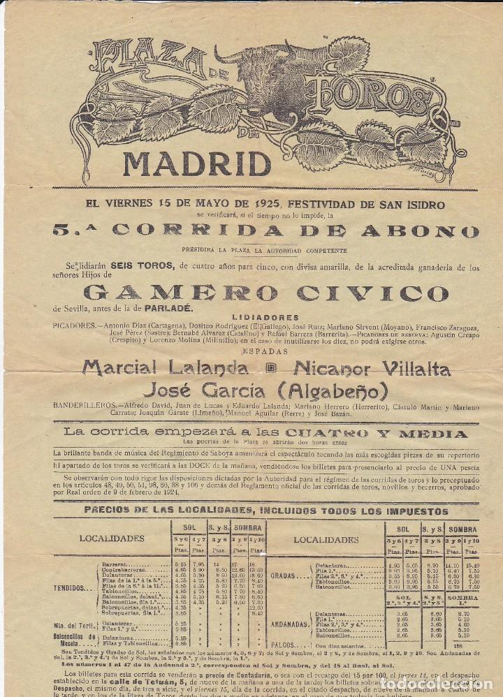 Carteles toros: PLAZA DE TOROS DE MADRID 15 DE MAYO DE 1925 - Foto 1